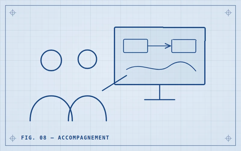 Deux personnes devant un tableau, en blueprint