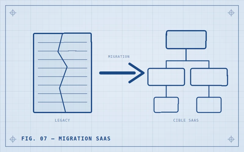 Schéma blueprint : monolithe legacy migré vers une architecture SaaS